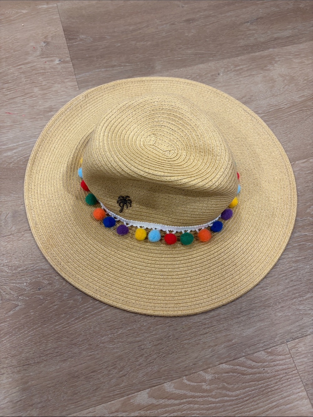 Tommy Bahama Natural Straw Sun Hat with Multicolor Pom Pom Trim
